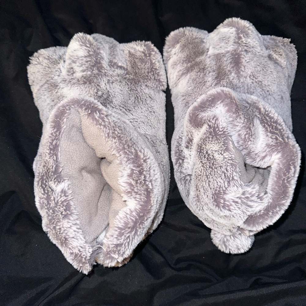 Gray Faux Fur Bunny Slippers with Ears & Pom-Pom Tails – Fits